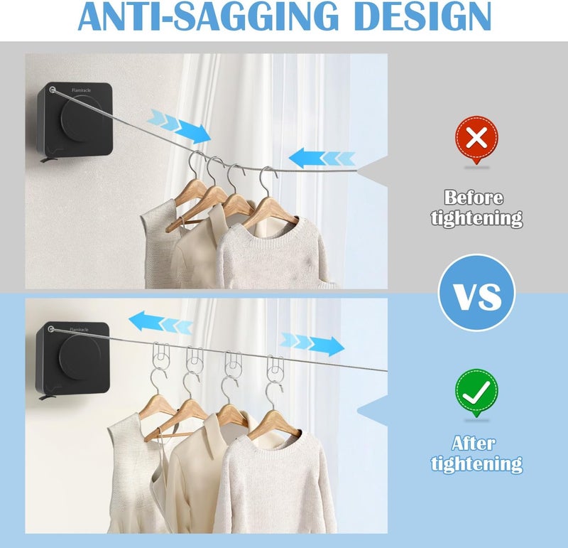 Flamiracle Retractable Clothesline Indoor, Non-Sagging Outdoor Clothes Line Retracting 15.7 Feet Heavy Duty Laundry Line Retractable Wall Mounted Clothes Line Outdoors (Square-Black) - Image 2